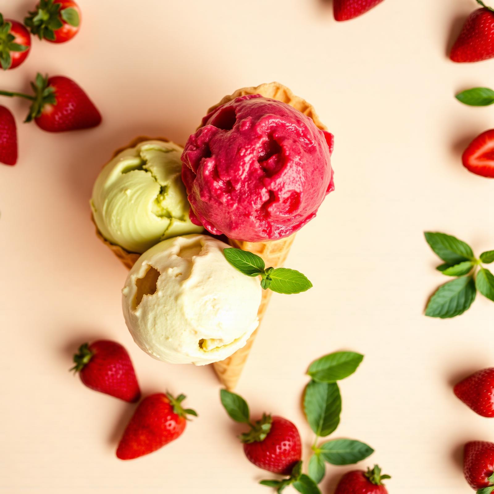 Handgemachtes Gelato in Pistazie, Erdbeere und Vanille mit frischen Früchten